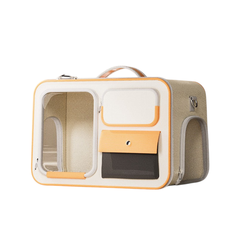The Tailored Tail beige and yellow Oxford fabric pet travel trolley bag with a transparent window and side pockets.