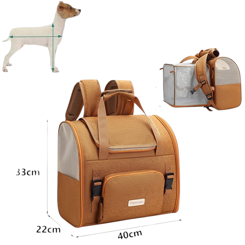 The Tailored Tail brown expandable pet carrier backpack with breathable mesh panels for small dogs and cats