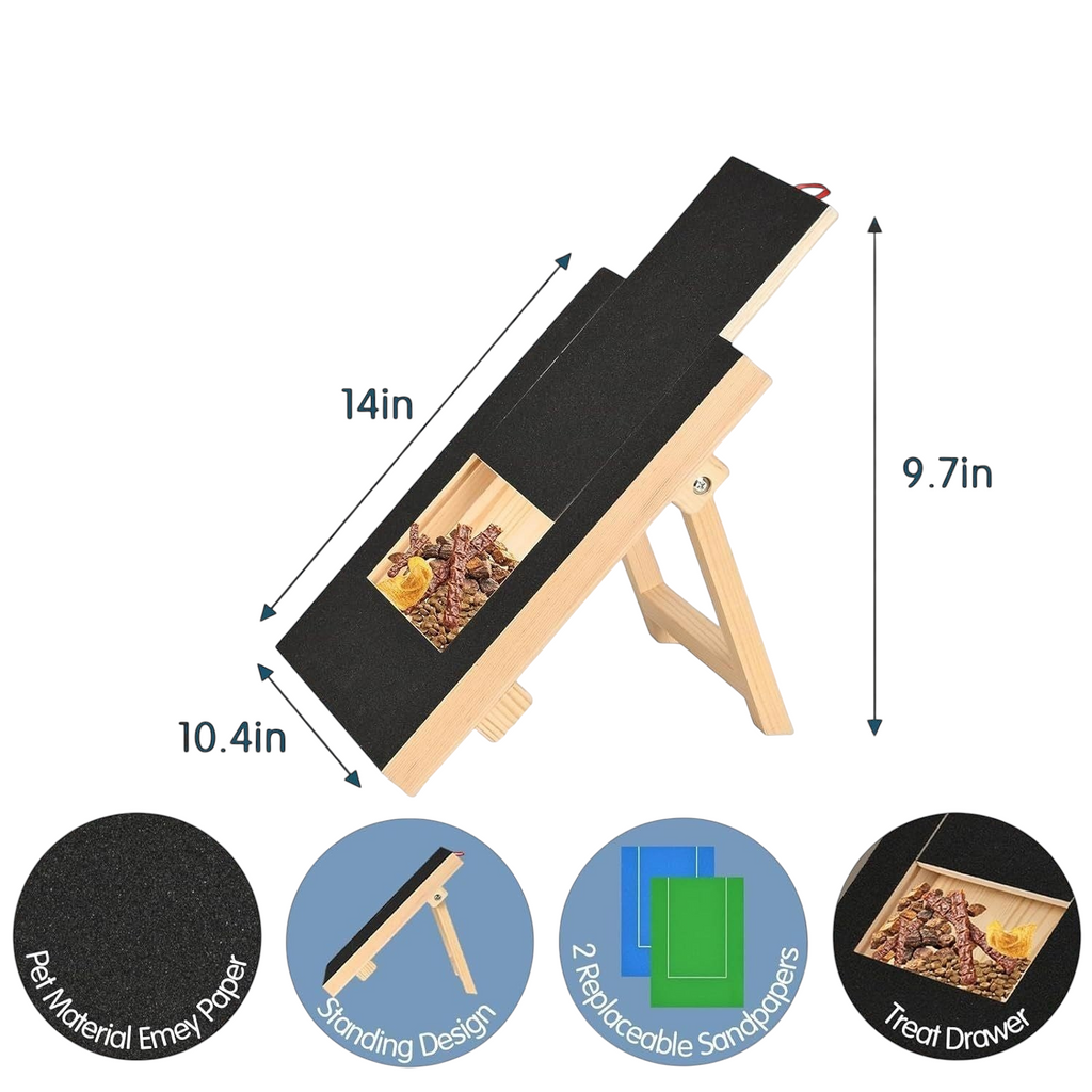 The Tailored Tail No-Shed Scratch Ramp with black sandpaper surface, wooden frame, and integrated treat drawer.