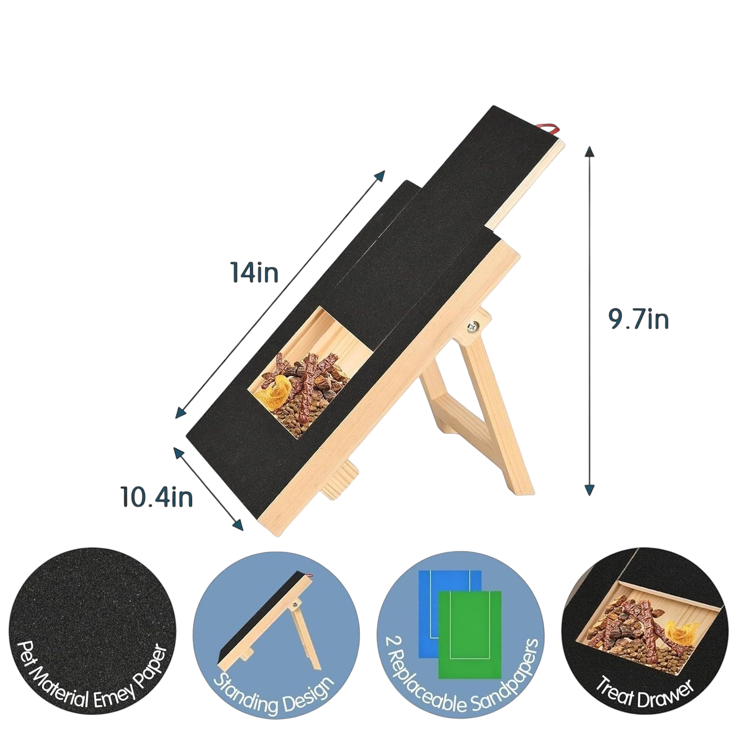 The Tailored Tail No-Shed Scratch Ramp with black sandpaper surface, wooden frame, and integrated treat drawer.