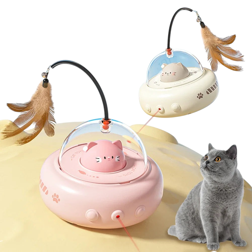 The Tailored Tail electric UFO cat toy in pink and beige with feathers, laser, and automatic obstacle avoidance.