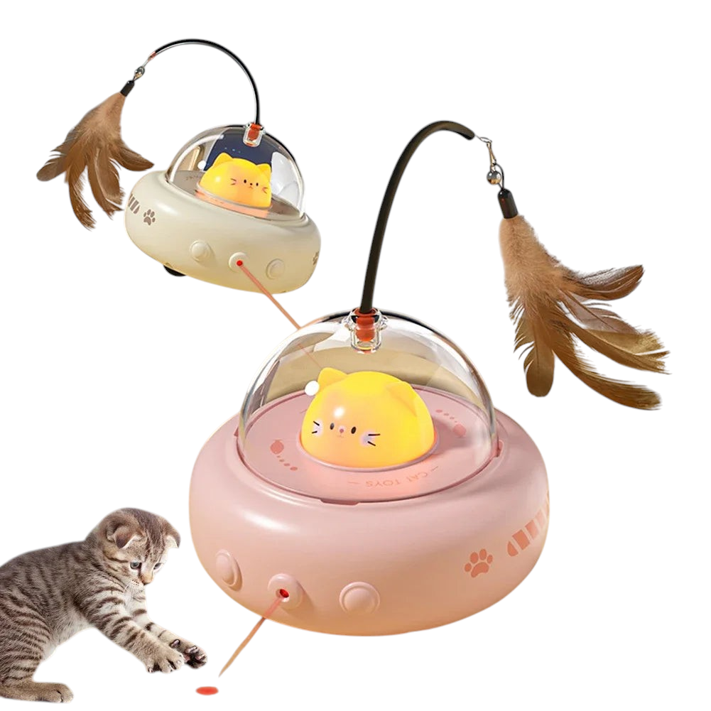 The Tailored Tail electric UFO cat toy in pink and beige with a feather wand, bell, and laser pointer for kittens.