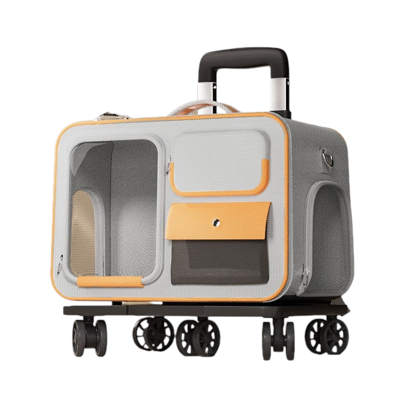The Tailored Tail gray and yellow Oxford fabric pet trolley bag with a transparent window and rolling base.
