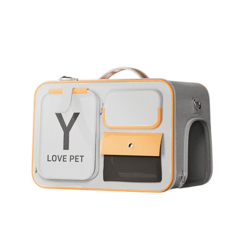 The Tailored Tail gray and yellow Oxford fabric pet travel trolley bag with mesh ventilation and storage pockets